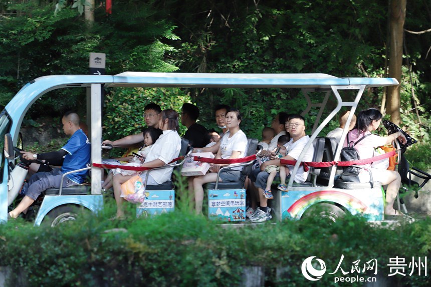 市民在阿哈湖公園內乘坐交通車。人民網 顧蘭云攝