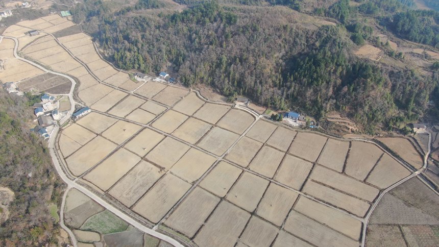 航拍下的壩區和村莊。吳啟萍攝