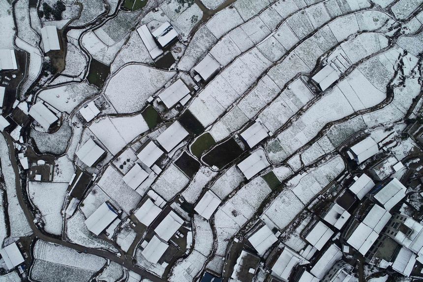 五一村雪后景色（無人機照片）。楊勝賢攝