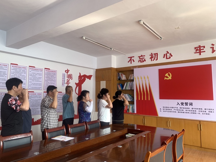 圖為退休黨員在黨旗下重溫入黨誓詞。