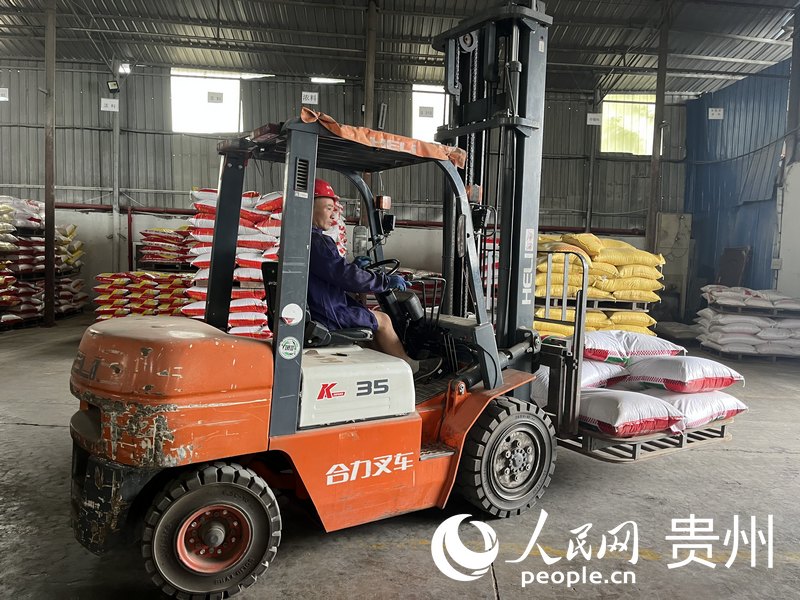 工人在貴州興邦農業科技有限公司工廠里拖運飼料。人民網 李麗萍攝