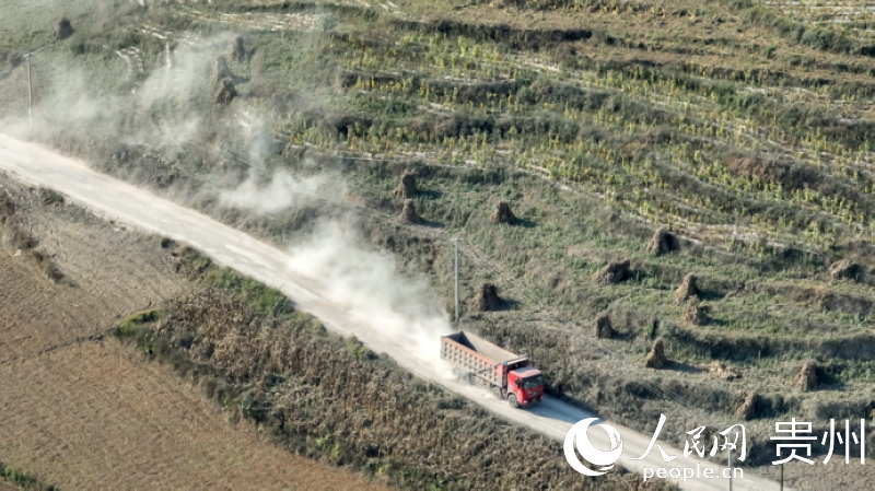 11月25日，航拍貨車經過后帶起的灰塵。人民網 涂敏攝