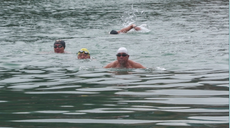 游泳愛好者們在龍川河里冬泳。