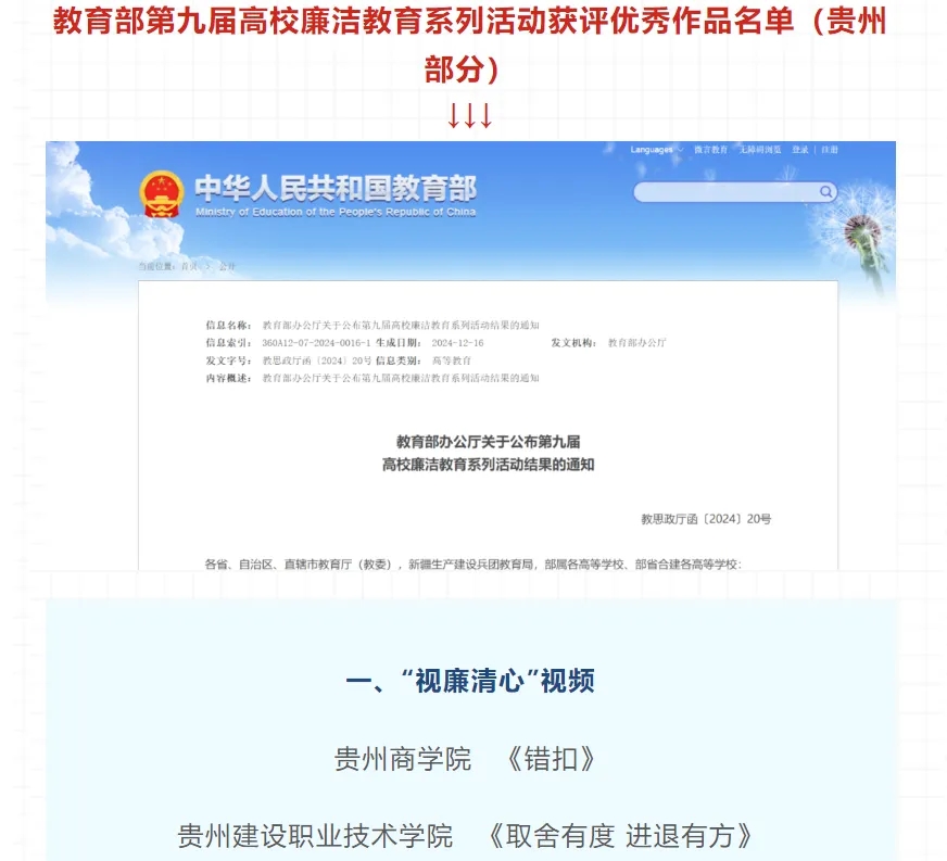 入選名單截圖。貴州商學院供圖