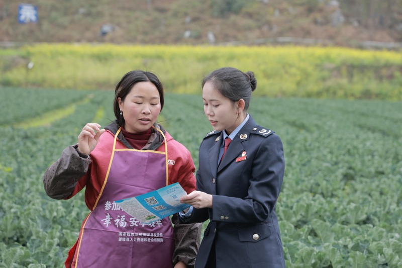 望謨縣稅務局稅費工作服務隊向采摘工人了解種植增收情況，并做好城鄉兩險政策宣傳。羅睿思攝