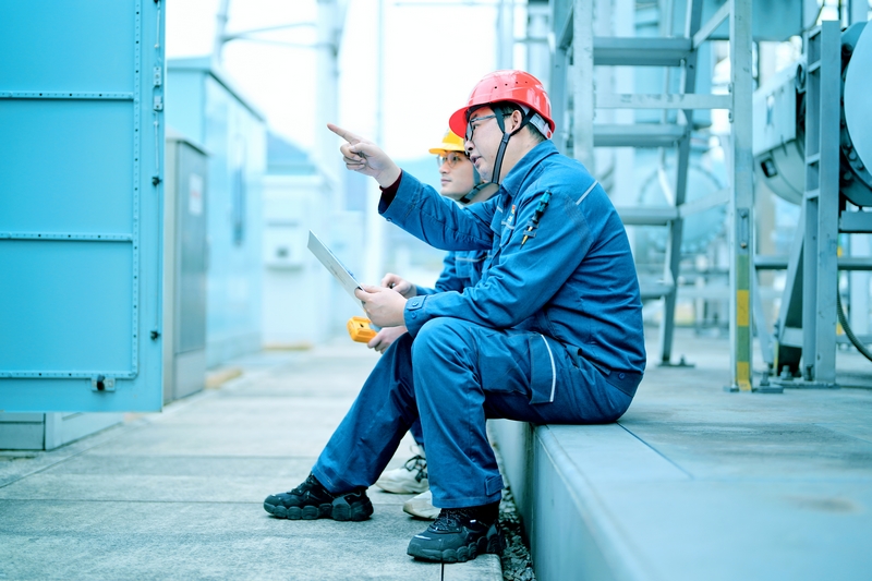 周敬余（右）給新員工講解設備工作原理。陳濤攝