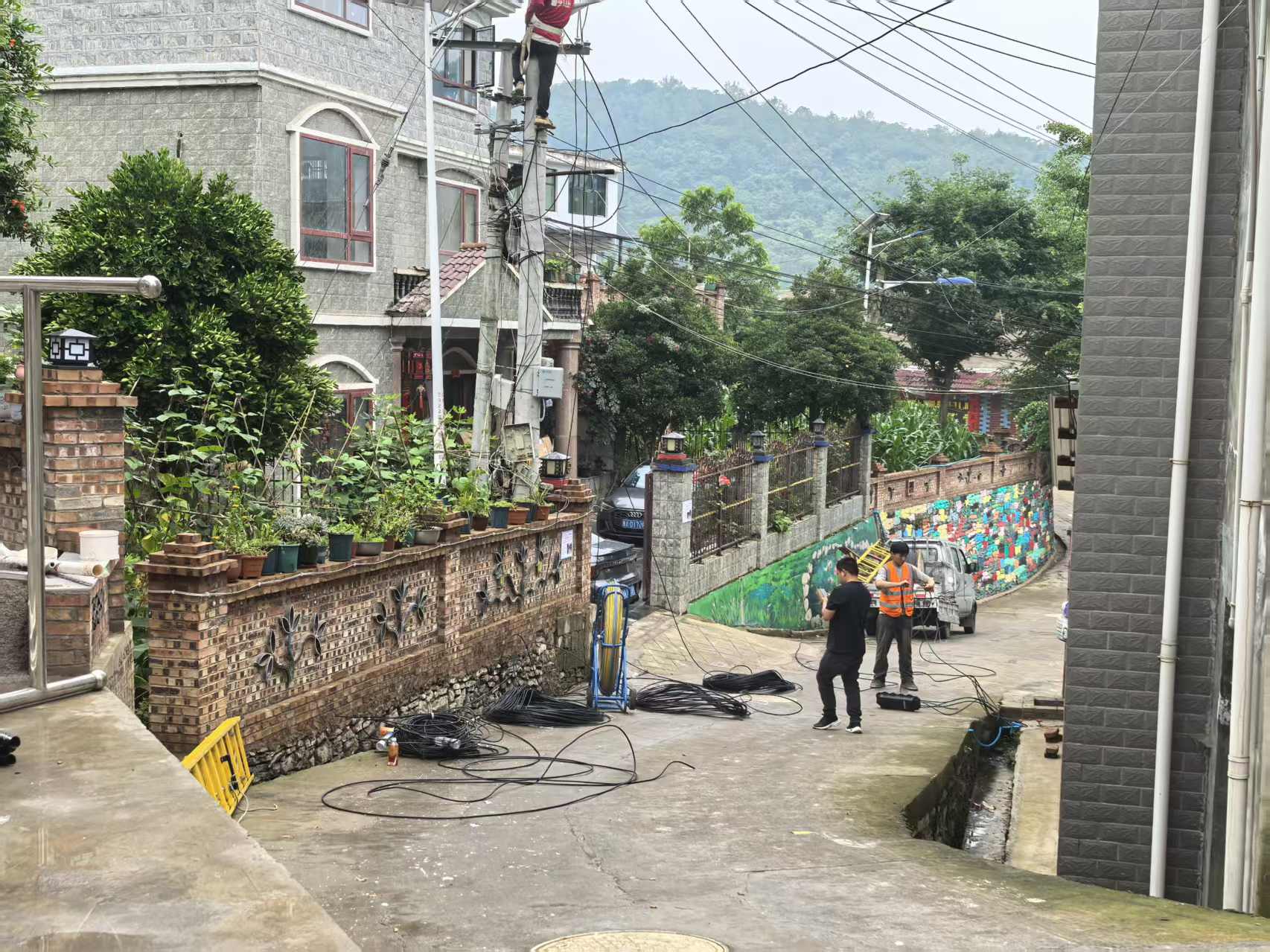 工作人員正在搭建通信線纜。岳強攝