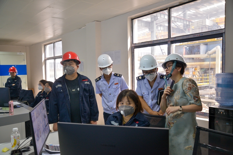 稅務干部與鉛蓄電池生產企業財會人員查看生產數據。曾皎飛攝