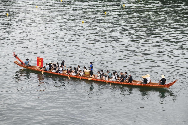 游客體驗劃龍舟。