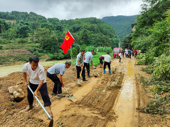 黨員志愿者和群眾在大河鎮柳源村清淤疏通道路。