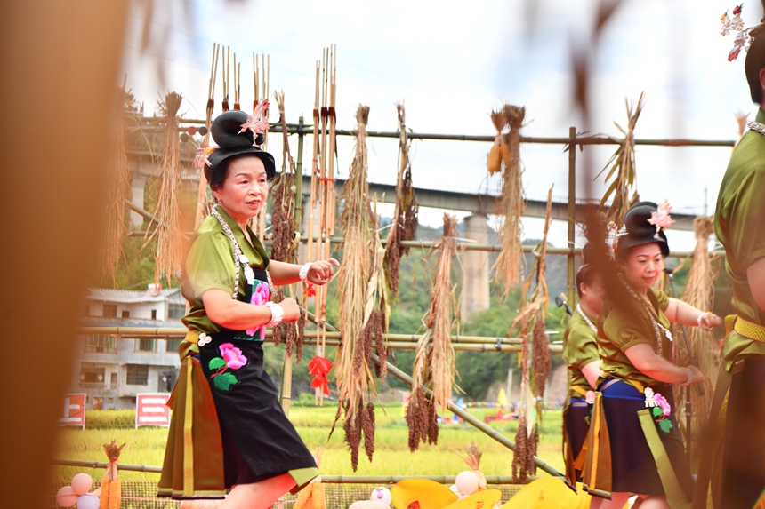 2025年9月13日，貴州省凱里市萬潮鎮馬田村，村民們在跳蘆笙舞鬧豐收。楊仁海攝