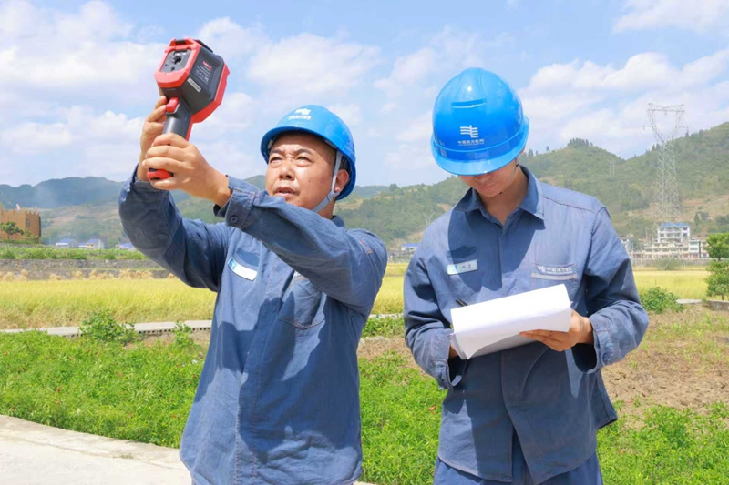 供電局工作人員用測溫儀沿著田間電力線路逐桿、逐段排查。