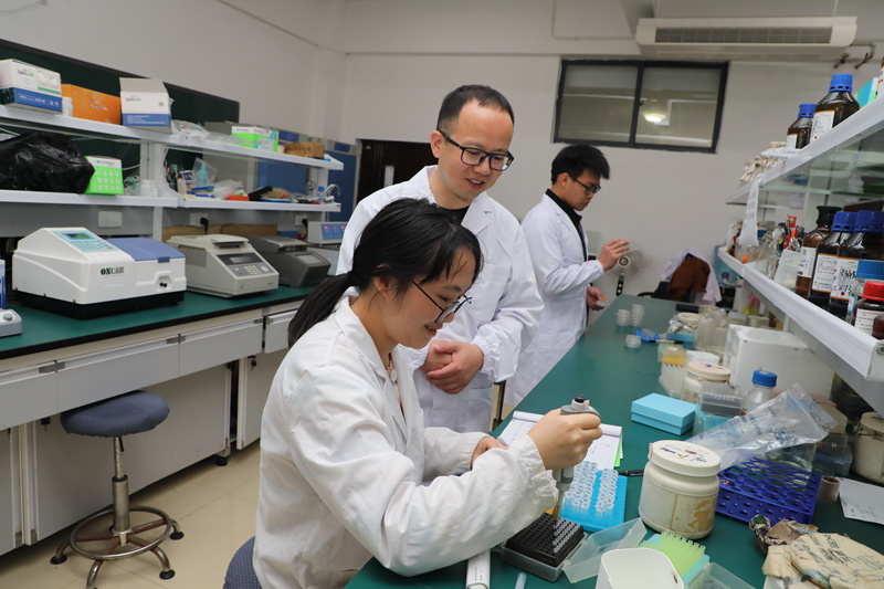 武漢大學幫扶貴州師范大學生物學團隊老師在實驗室與學生交流。