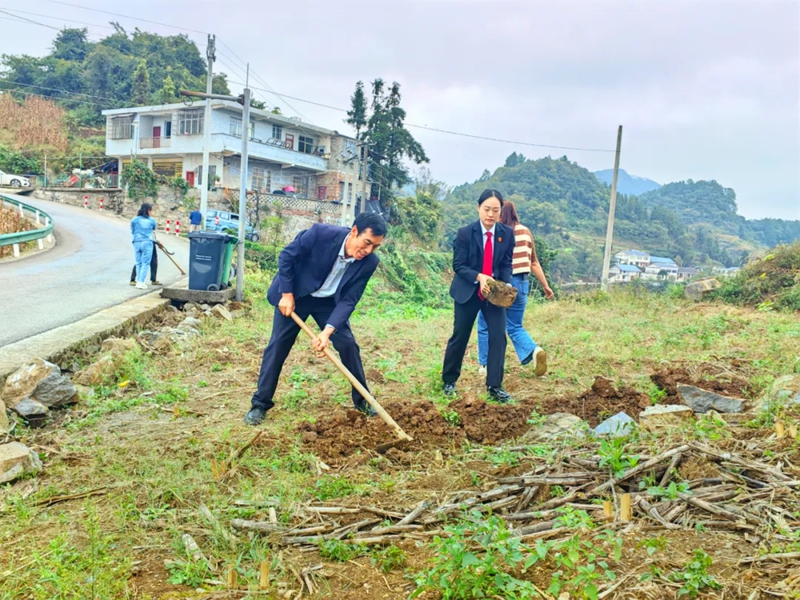 1、習酒環保法庭的法官挽起袖子，與村干部、當事人一同揮鋤挖溝、搬運石塊。