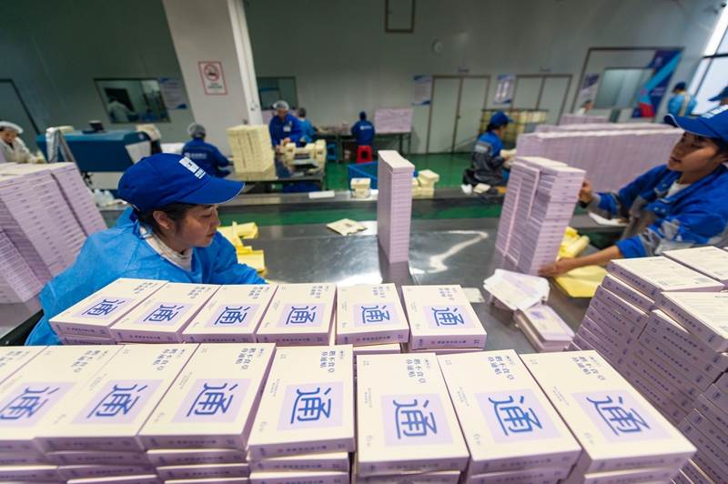 11月11日，在貴州省從江縣美娥工業園區的一家藥企，工人在生產車間趕制訂單。